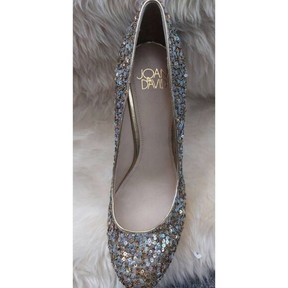 Joan & David Gold Sequin Platform Heels Pumps Size 6 Metallic Glam Party - Picture 5 of 11